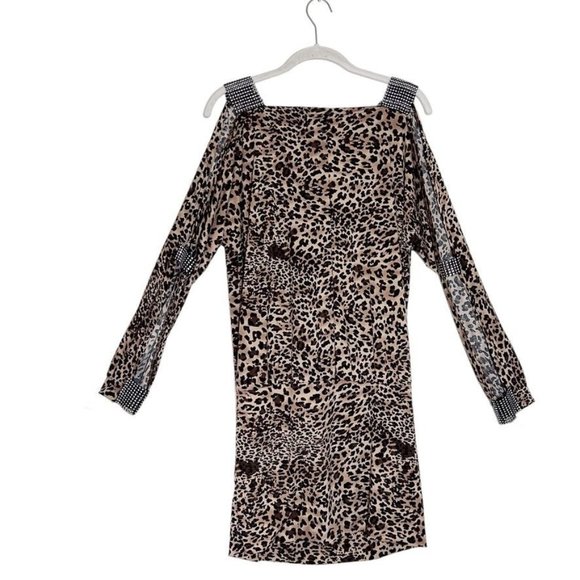Dots Slit Sleeve Leopard Print Rhinestone Drape Mini Dress in Brown/Black - Sz L - Picture 2 of 7